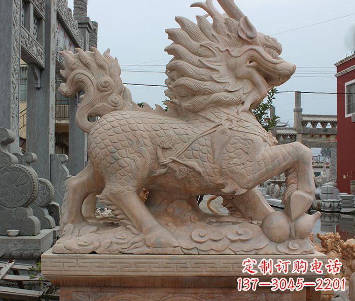 山东晚霞红古代神兽麒麟石雕