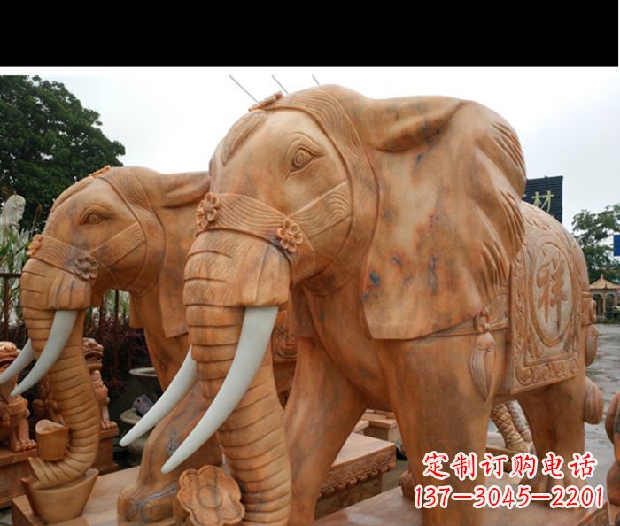 山东晚霞红吉祥如意门口镇宅招财大象石雕 (3)