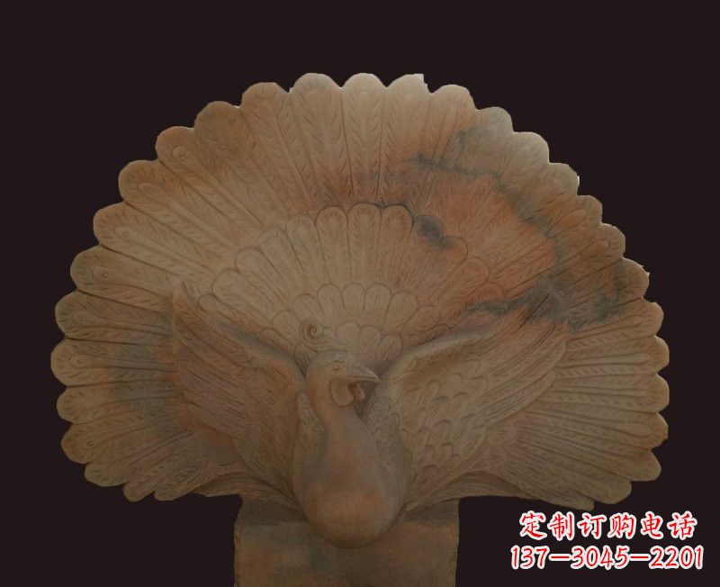 山东晚霞红开屏孔雀石雕