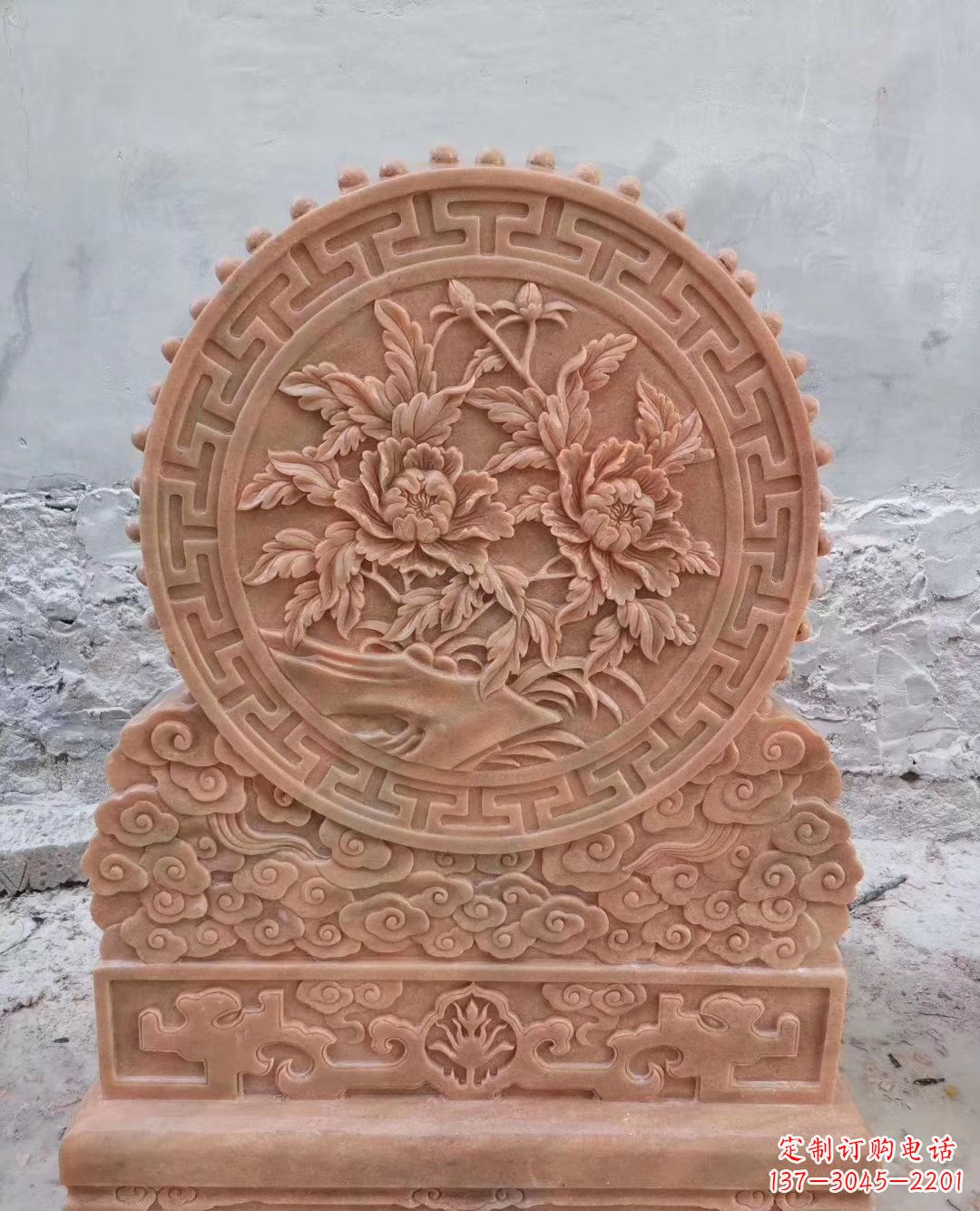 山东晚霞红牡丹花浮雕石门墩