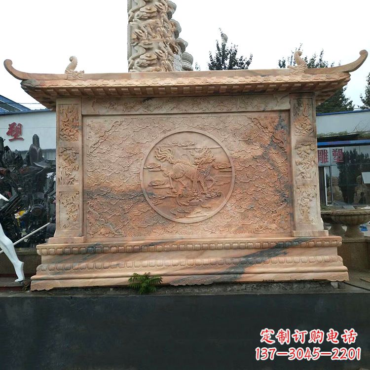 山东晚霞红麒麟影壁墙石雕