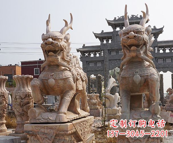 山东晚霞红瑞兽麒麟石雕 (2)