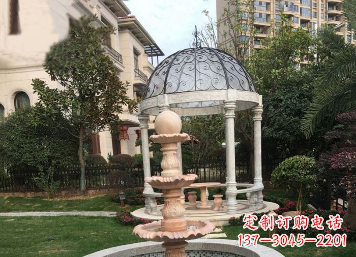 山东晚霞红三层风水球喷泉小区石雕