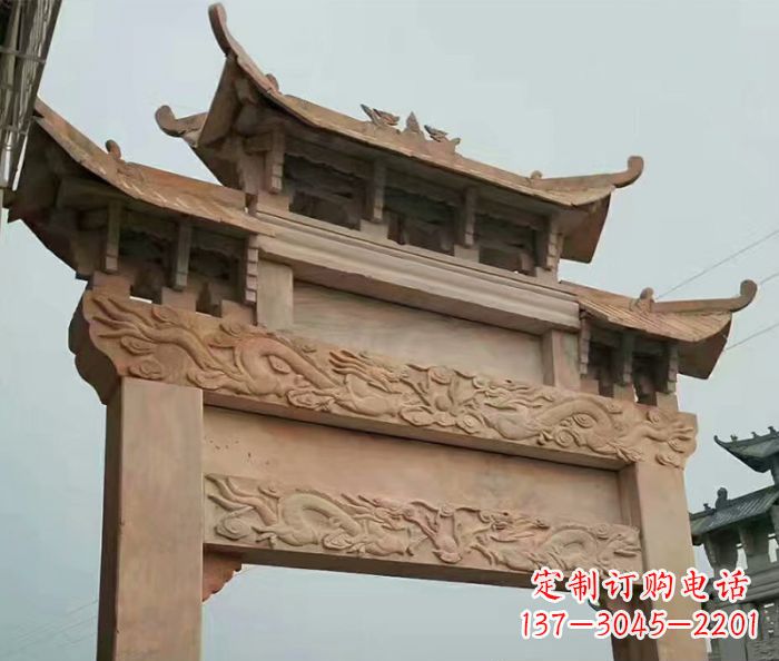 山东晚霞红石雕单门牌坊