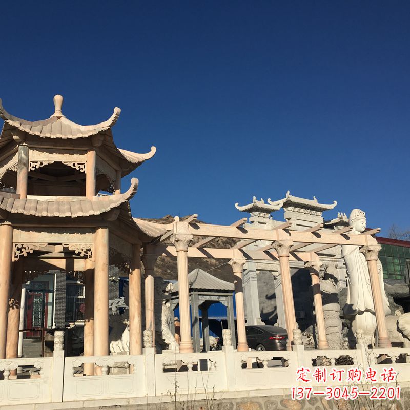 山东晚霞红石雕凉亭花架