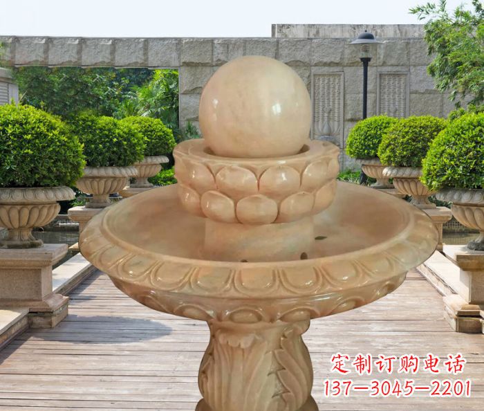 山东晚霞红双层风水球公园喷泉石雕 (2)