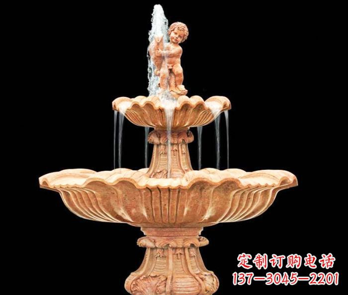 山东晚霞红小孩抱鱼石雕喷泉