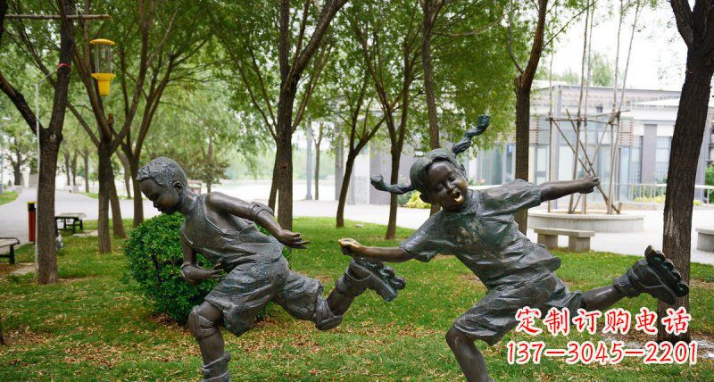 山东小孩人物玩轮滑铜雕