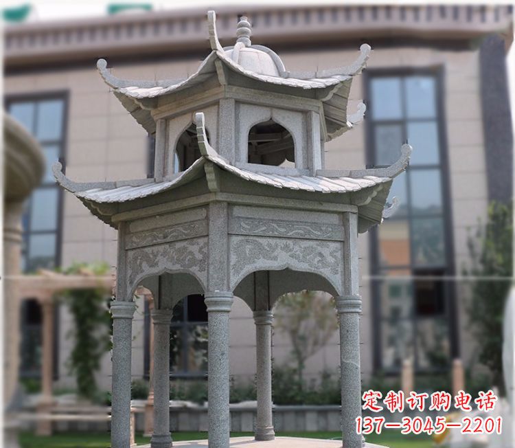 山东小区大理石六角石雕双层凉亭
