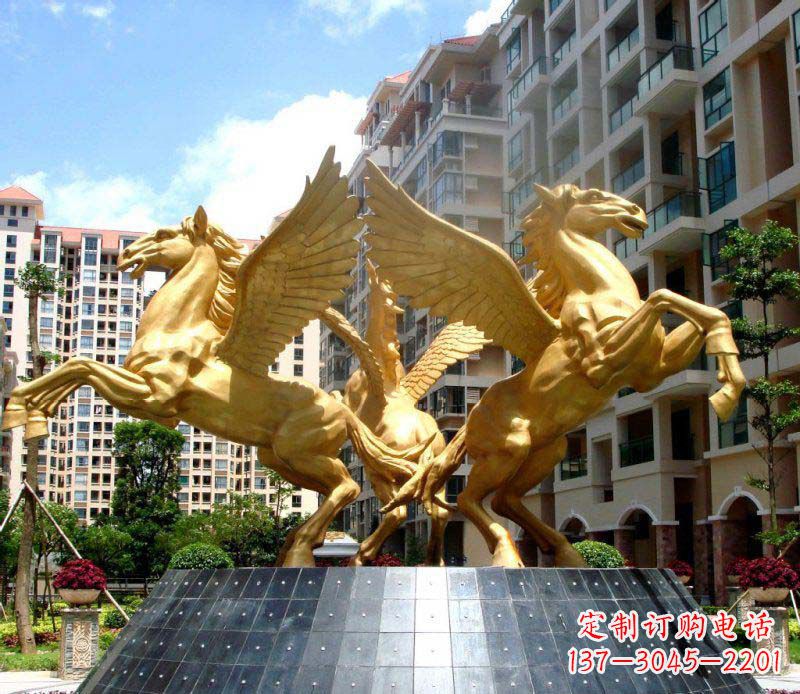 山东小区飞马三匹马景观铜雕