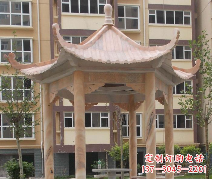 山东小区晚霞红六角凉亭石雕
