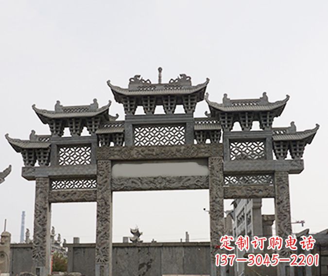山东园林仿古三门牌坊石雕 (4)