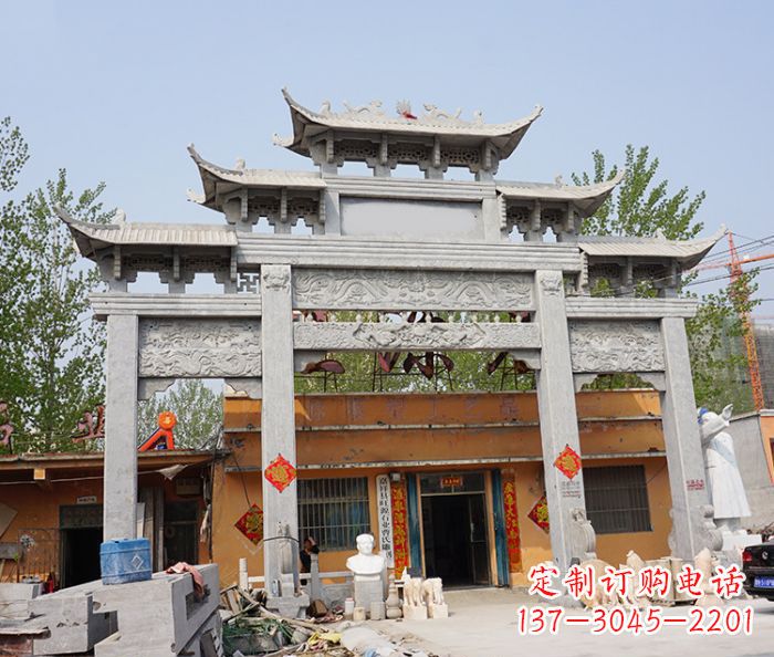 山东园林仿古三门牌坊石雕 (5)