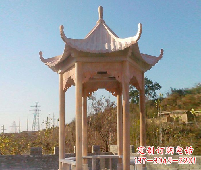 山东园林景观晚霞红单层石雕凉亭