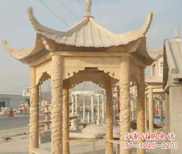 山东园林景观晚霞红六角石雕凉亭 (3)