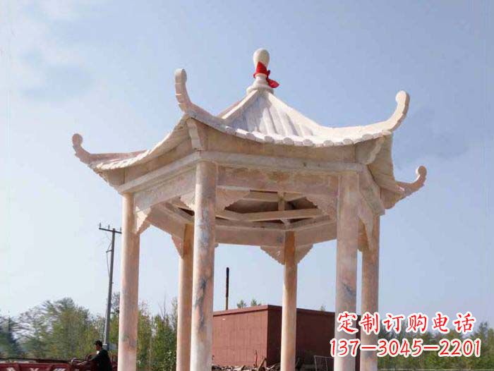 山东园林景观晚霞红六角石雕凉亭