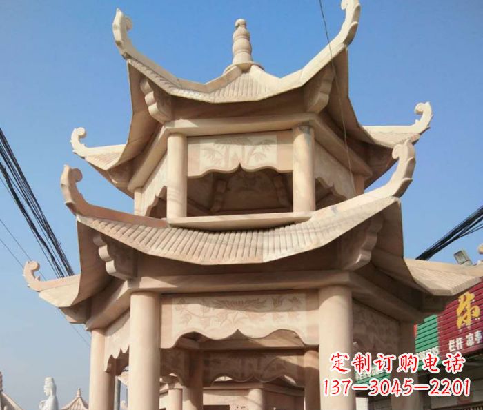 山东园林景观晚霞红双层石雕凉亭 (2)