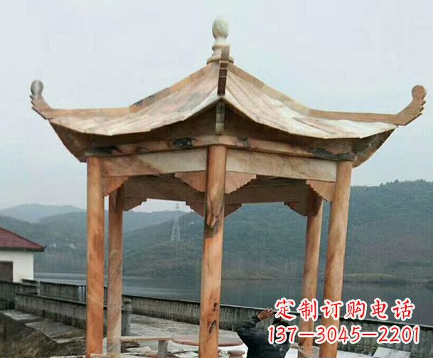 山东园林晚霞红单层石凉亭景观石雕