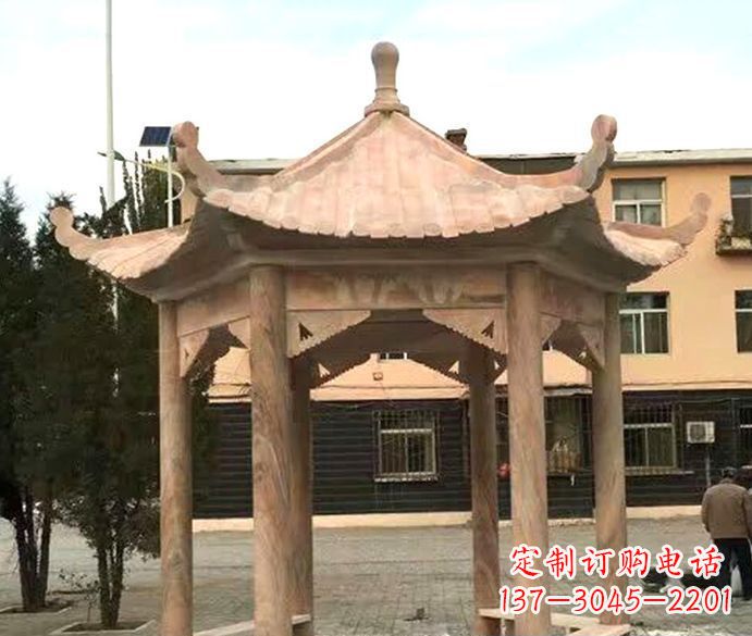 山东园林晚霞红六角石雕凉亭