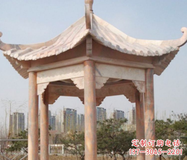 山东园林晚霞红六角石凉亭景观石雕