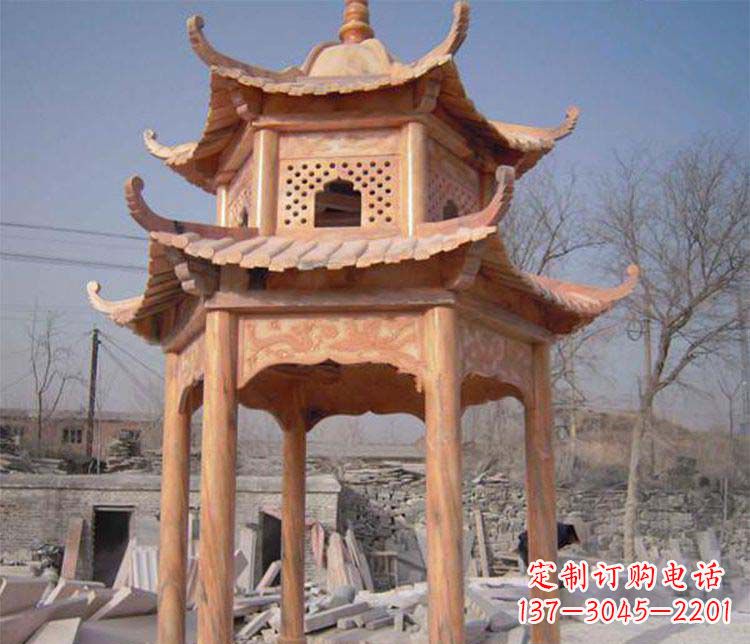 山东园林晚霞红石凉亭景观石雕