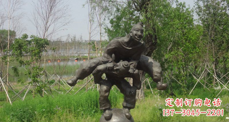 山东园林站在球上面跳山羊的人物景观铜雕