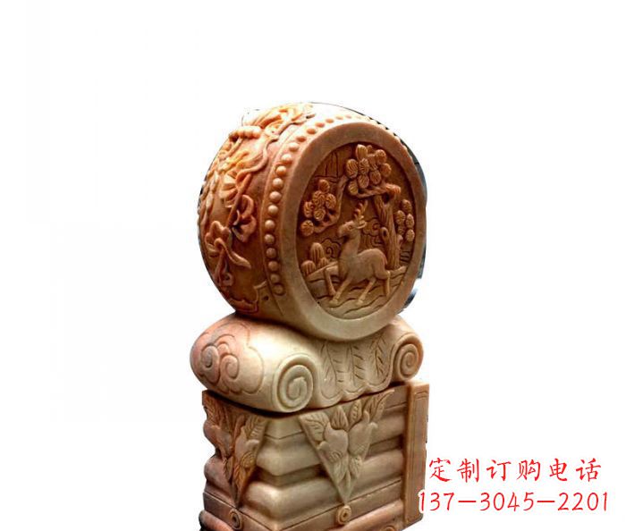 山东招财石门墩晚霞红抱鼓石