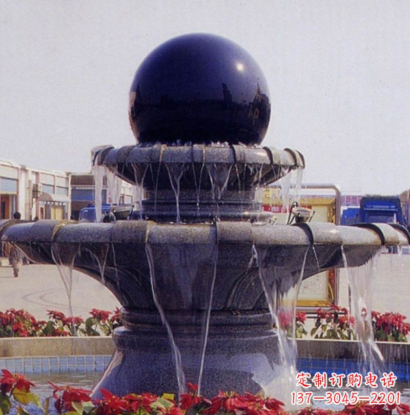 山东中国黑双层风水球喷泉石雕
