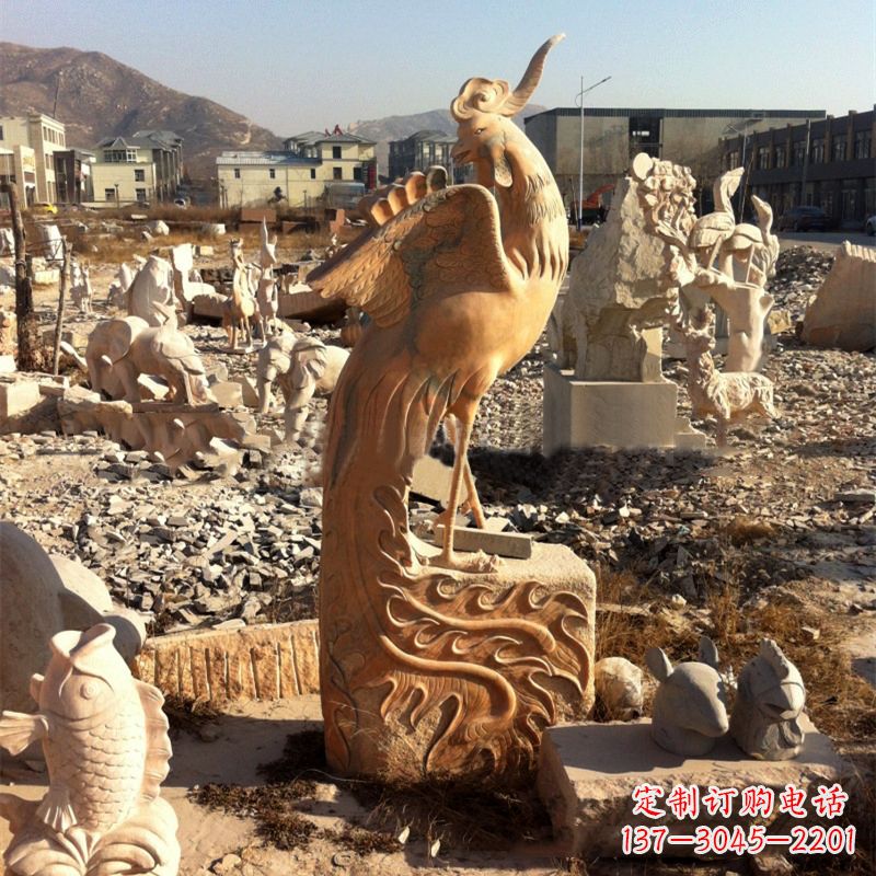 山东中国文化元素神鸟凤凰晚霞红石雕